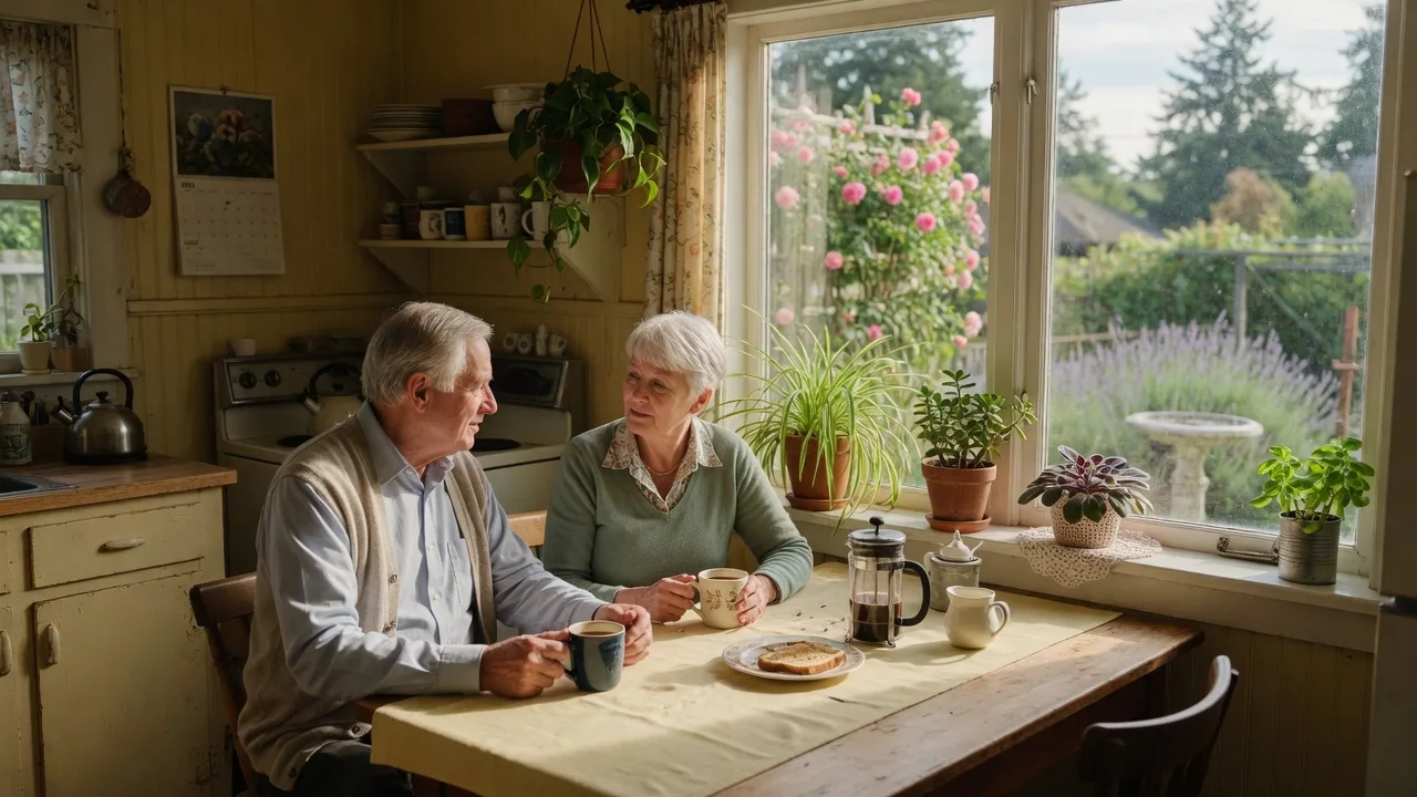 A couple having a conversation over coffee at a kitchen table in a Victoria home