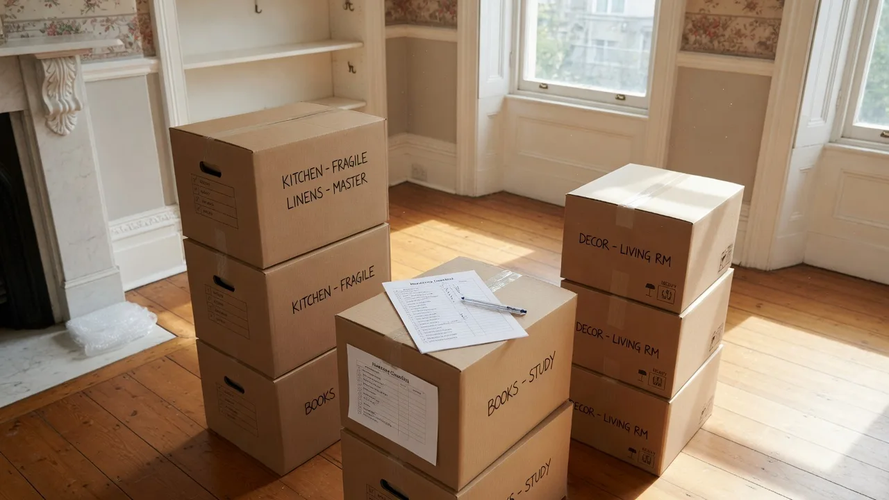 Organized moving boxes with a checklist in a sunlit room