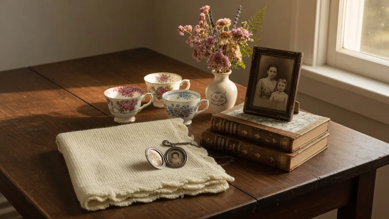 Treasured heirloom items displayed on a wooden table in a Victoria home