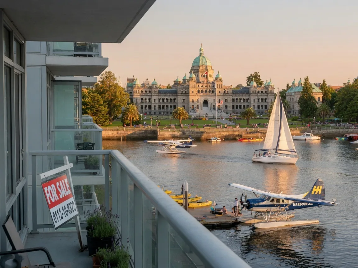 Victoria Inner Harbour on a clear summer day with the Legislature buildings and a modern condo building