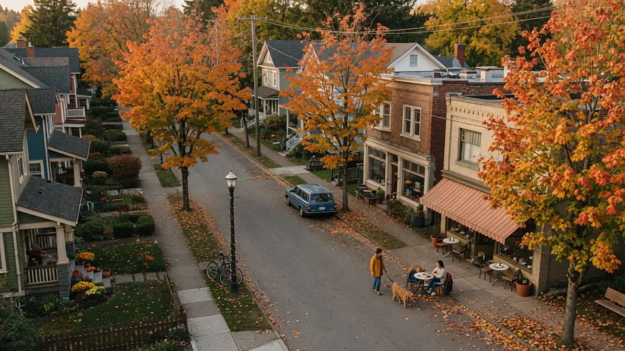 Tree-lined walkable neighbourhood in Victoria with autumn colours and local shops