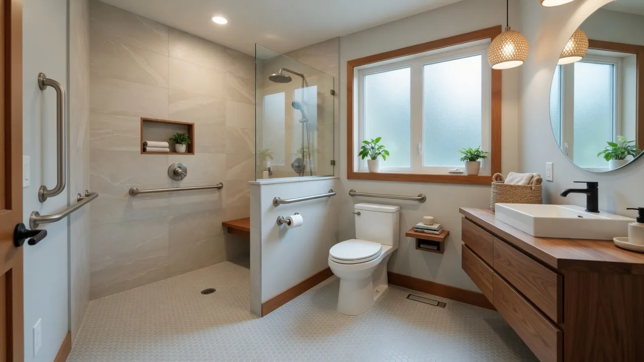 Modern accessible bathroom with walk-in shower, grab bars, and warm wood accents