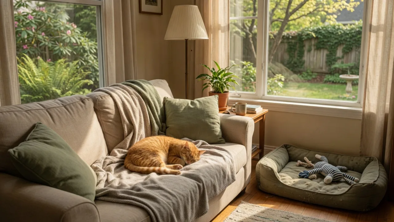 A cozy living room with a cat curled up on a couch and a dog bed nearby