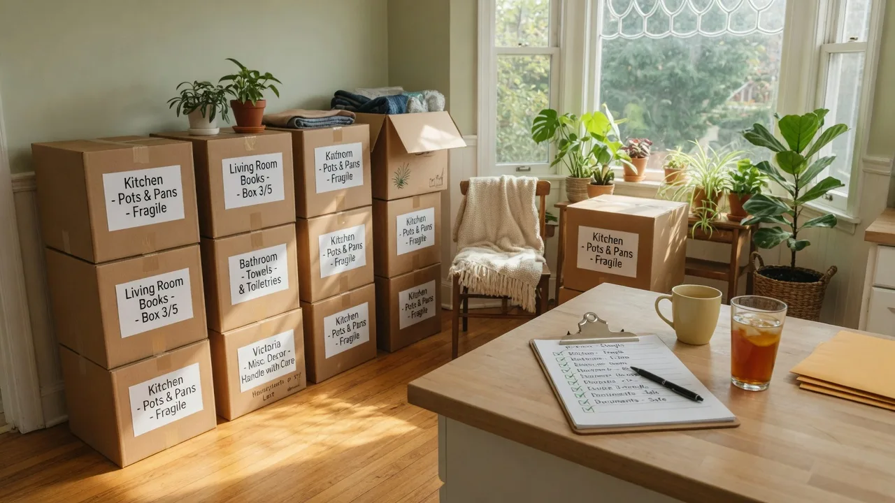 Organized moving boxes and checklist in a bright Victoria home
