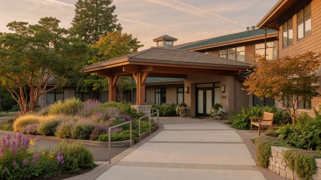 Modern senior living community entrance with landscaped gardens in Victoria