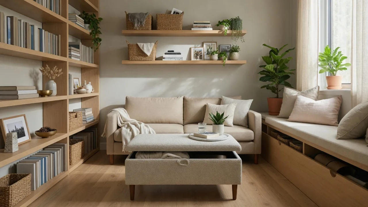 Bright small living room with clever shelving and storage solutions