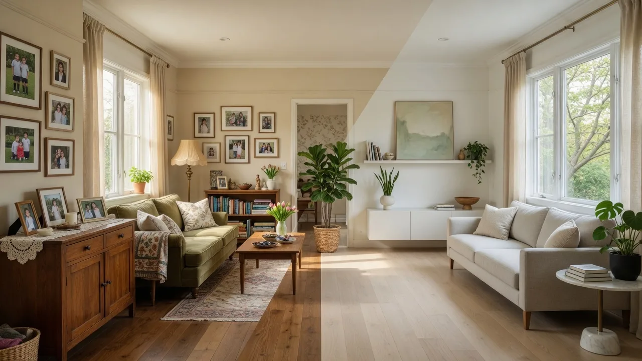 A bright living room transitioning between traditional and modern styles