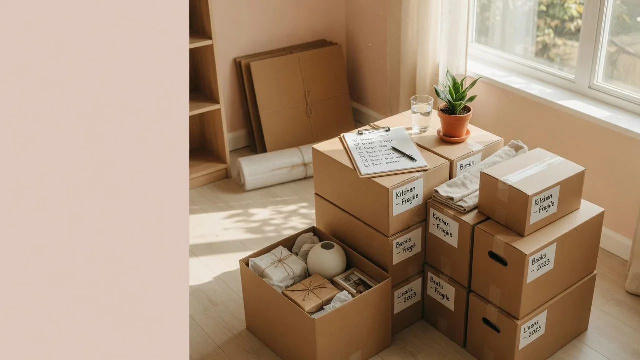 Organized moving boxes ready for a downsizing transition
