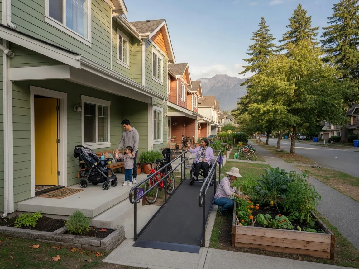 A welcoming multi-generational townhome exterior in a Victoria neighbourhood with family-friendly features