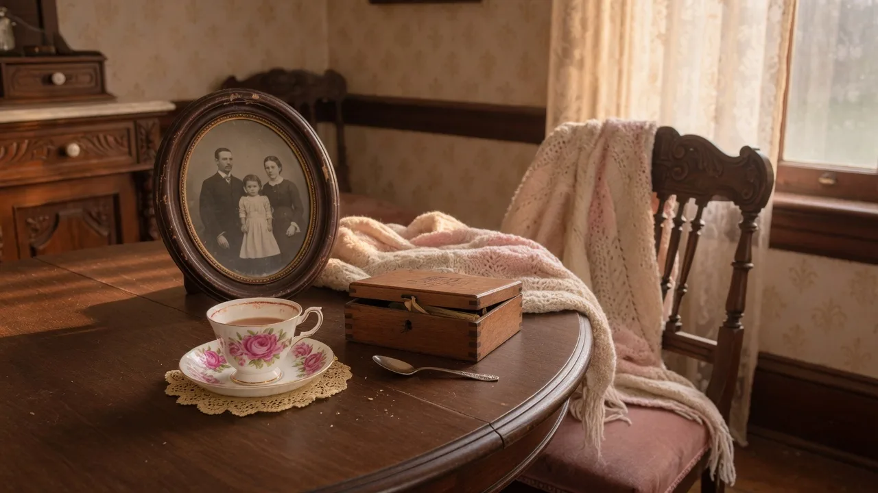 A warm dining table with vintage china, a framed photograph, and a wooden keepsake box