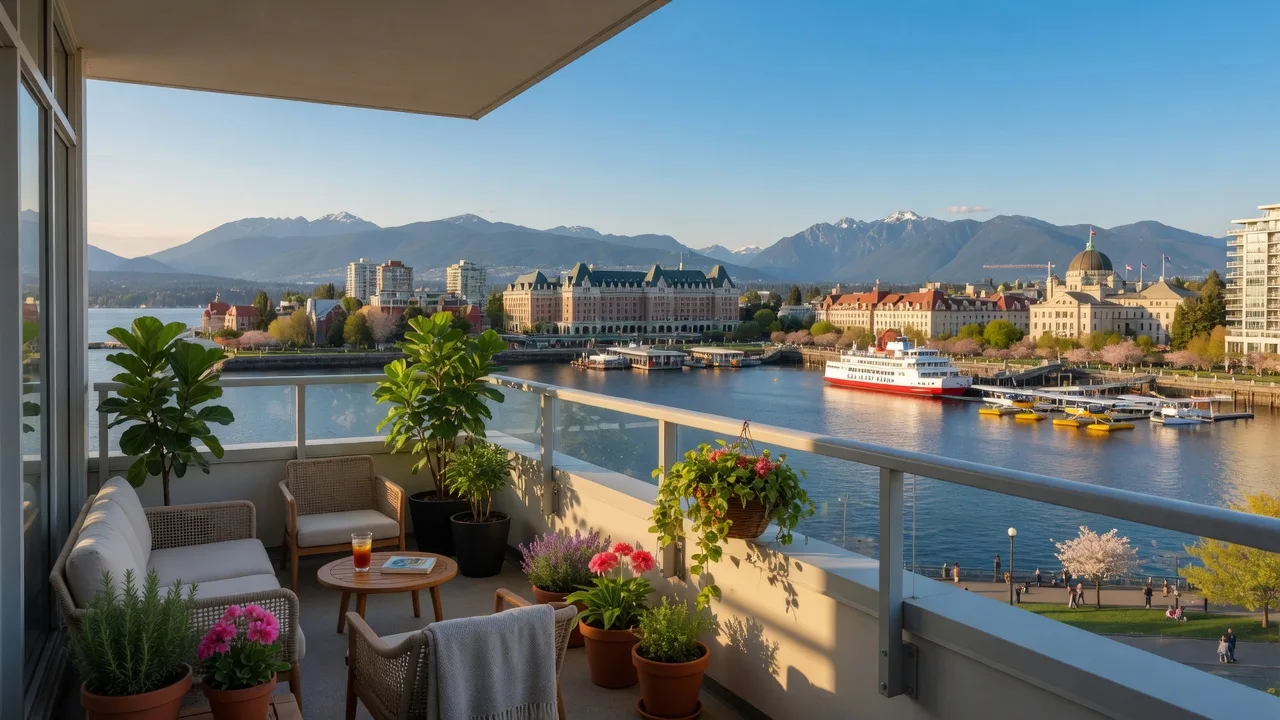 Condo balcony overlooking the Victoria Inner Harbour with mountains in the distance
