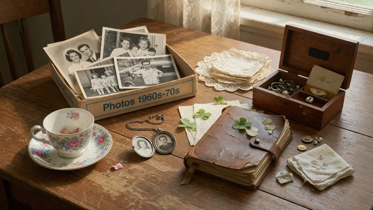 Family heirlooms and photographs being sorted on a wooden table