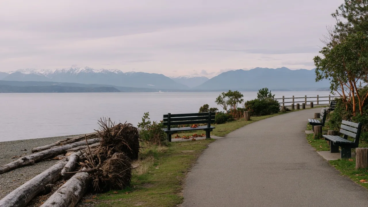 Peaceful waterfront walkway in Victoria for reflection