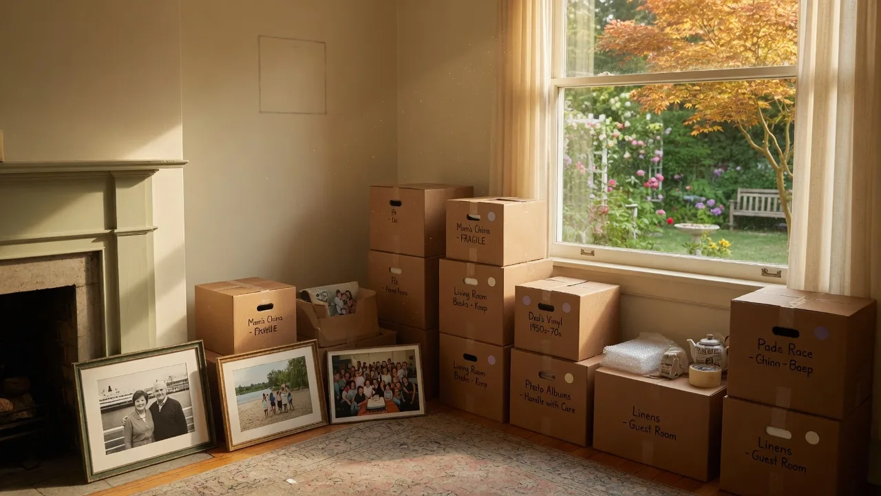 Packed moving boxes with family photographs in a sunlit room