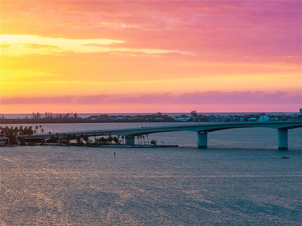 Ringling Bridge at sunset from elevated bayfront view