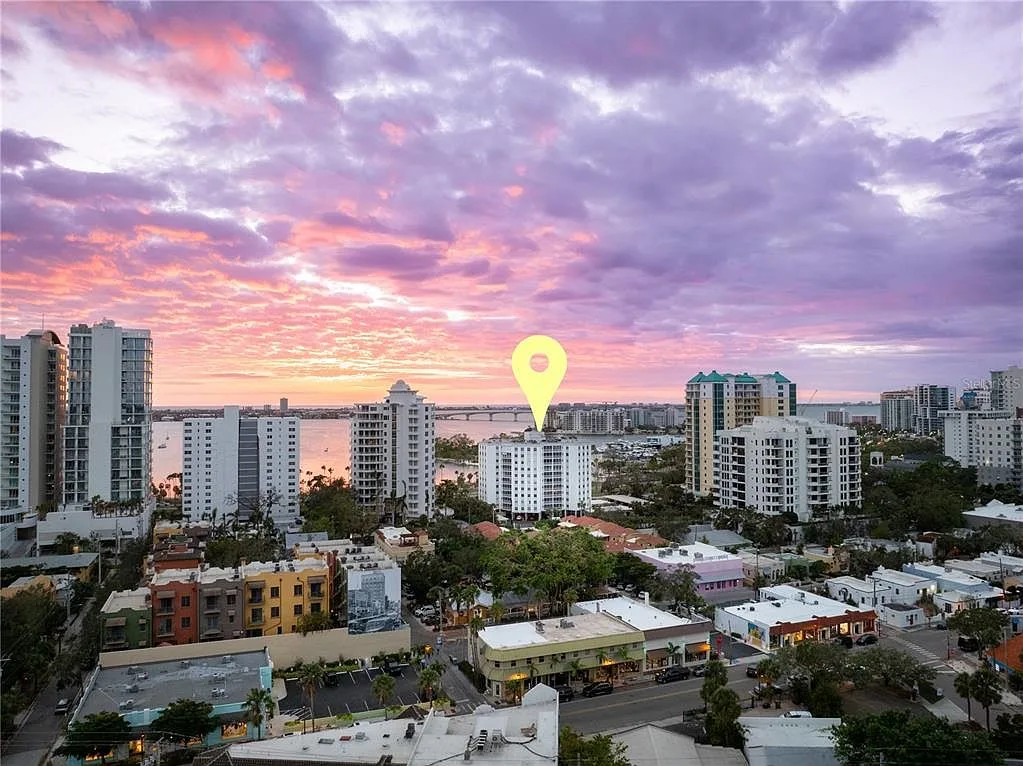Aerial drone shot of Sarasota bayfront and downtown skyline