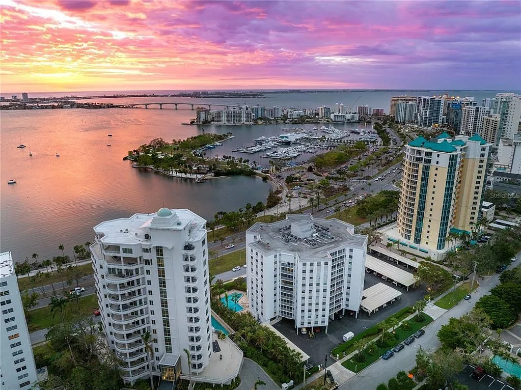 Aerial view of Sarasota bayfront with The Regency House