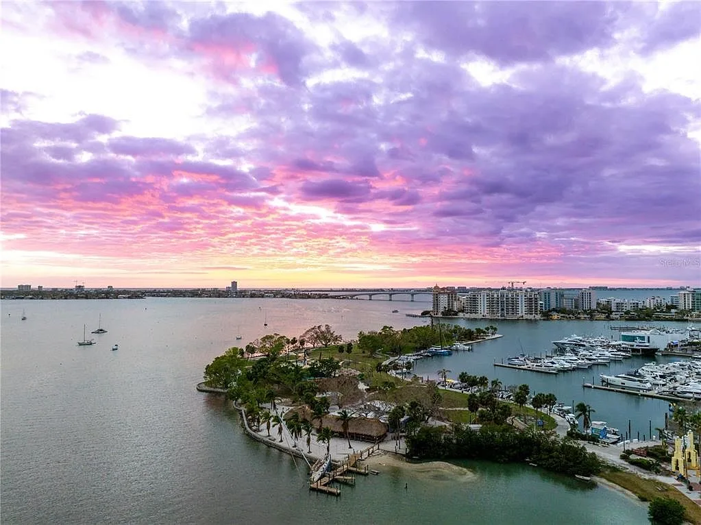 Panoramic aerial view of Sarasota Bay and marina