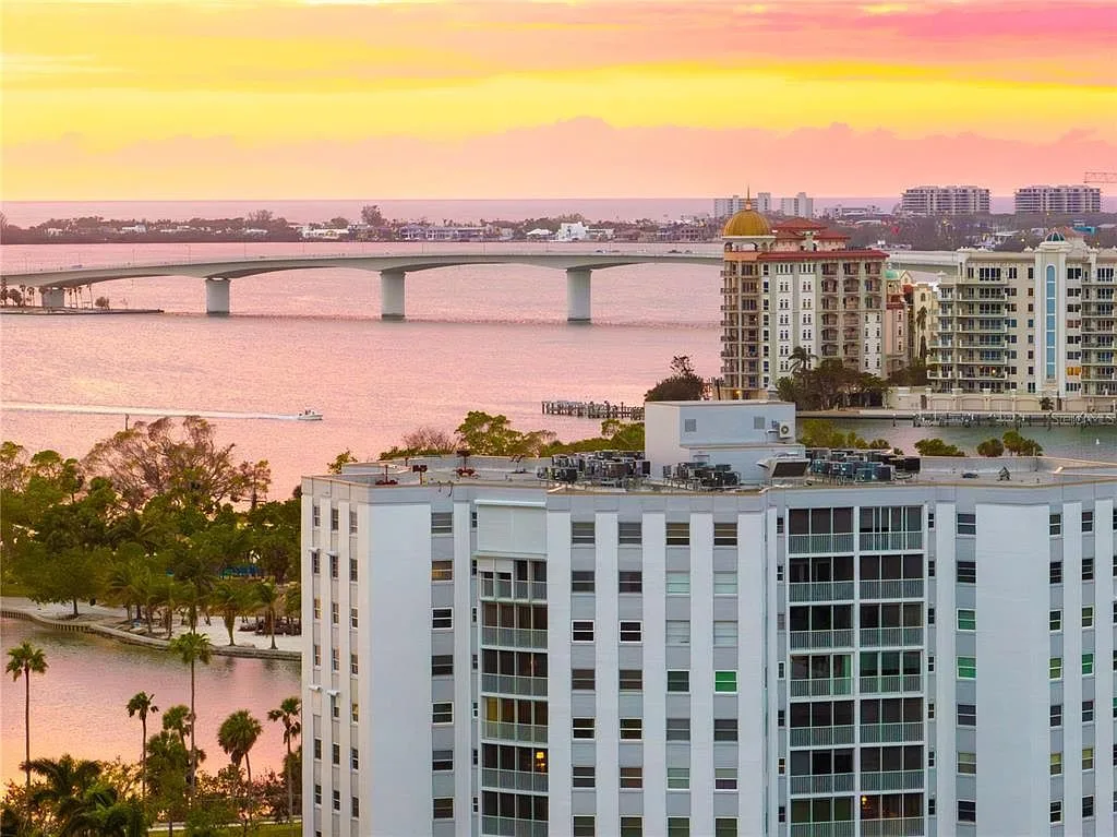 Aerial bayfront view with Regency House and Ringling Bridge