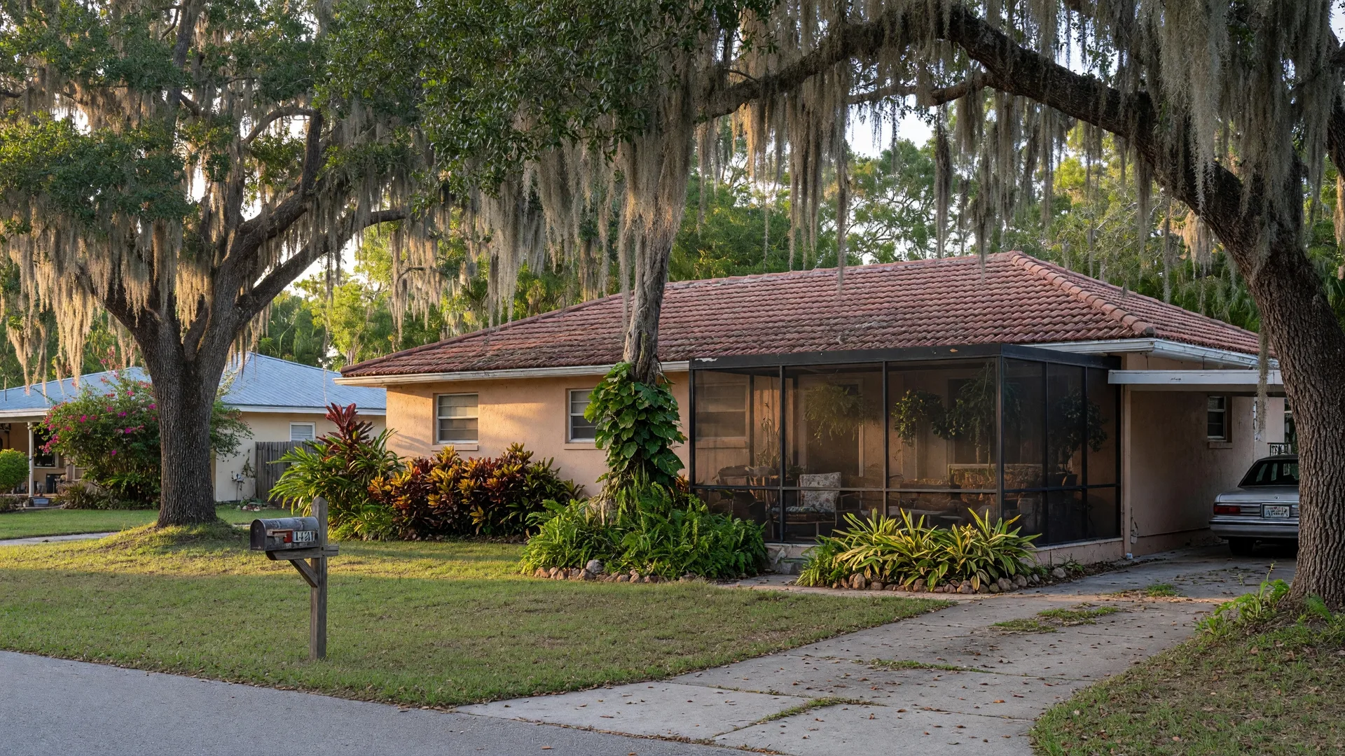 A mature Florida home with terracotta roof and tropical landscaping, shaded by oak trees draped in Spanish moss, on a warm afternoon in Sarasota