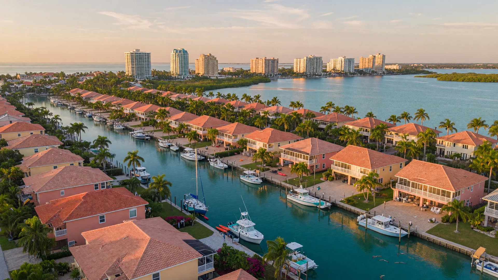 Aerial view of a Gulf Coast Florida waterfront neighborhood at golden hour with terracotta roof homes along canals and the Sarasota skyline in the distance