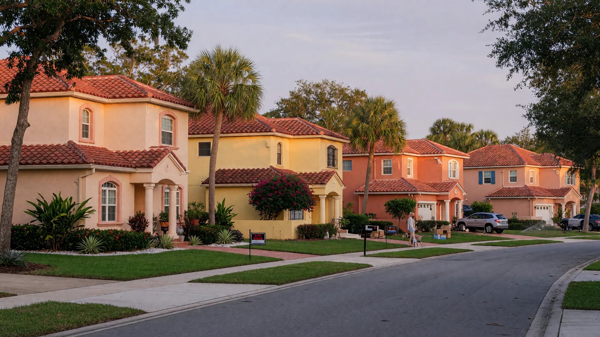 A row of well-maintained Florida homes with Mediterranean architecture on a tree-lined Sarasota street during golden hour
