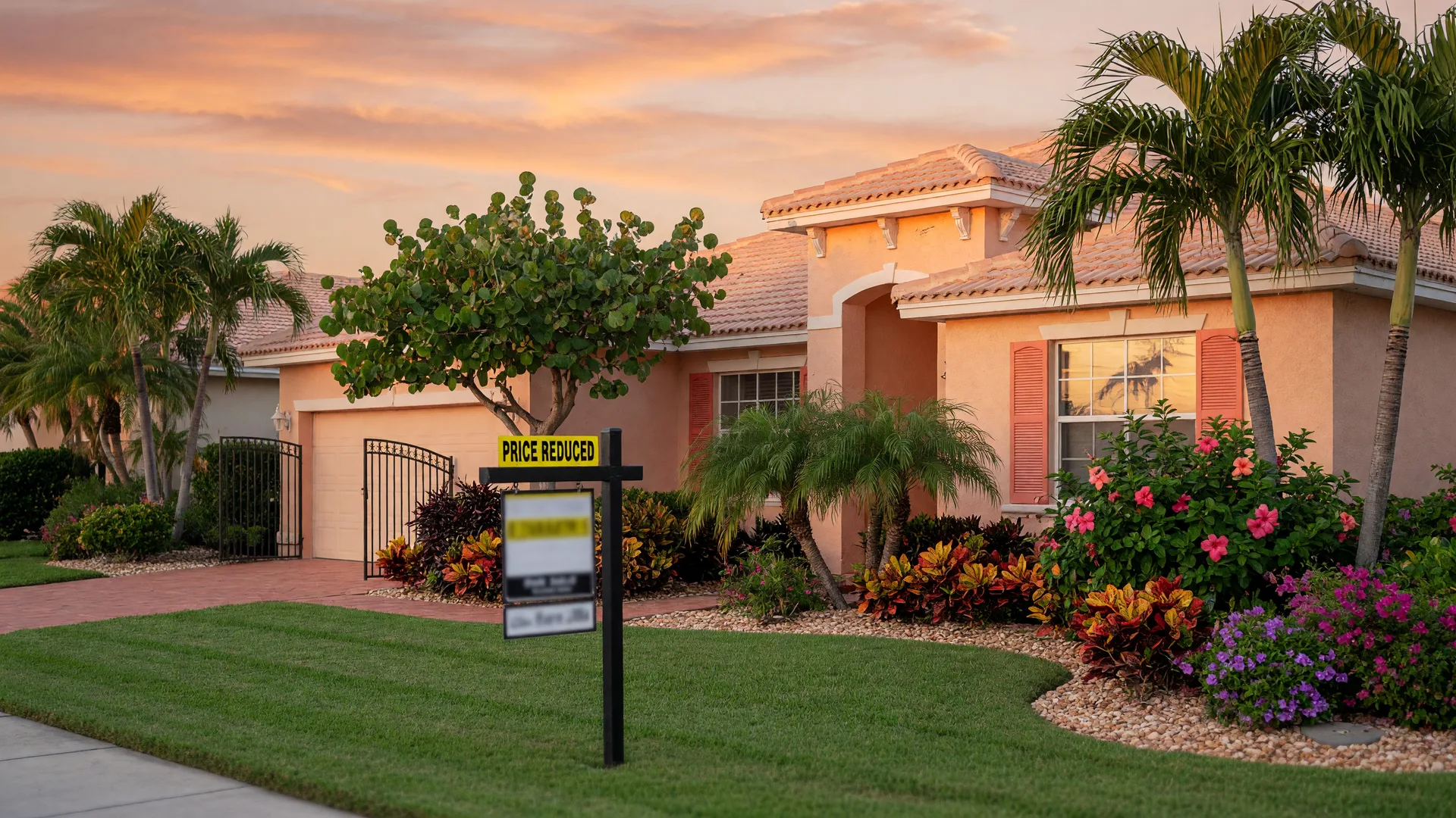 A well-maintained Florida home with Mediterranean architecture and tropical landscaping in warm golden light, conveying a positive market correction