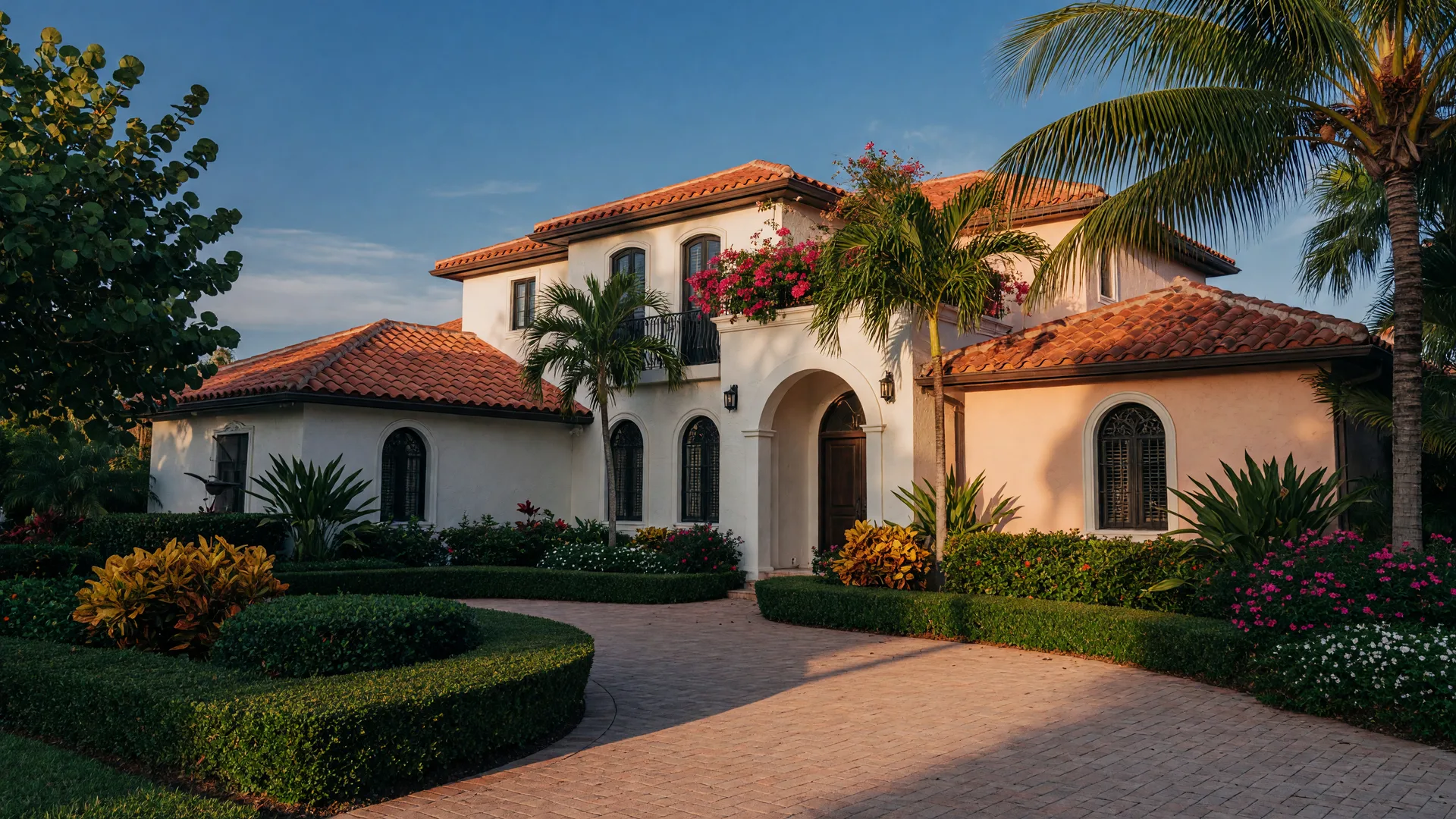 A beautiful Mediterranean-style home exterior in Sarasota with terracotta tile roof, tropical landscaping, and warm afternoon light