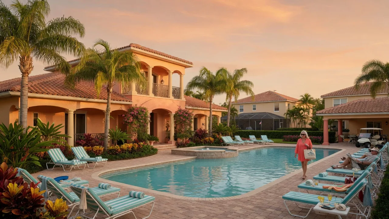 A well-maintained Florida home with terracotta tile roof and tropical landscaping in warm golden-hour light