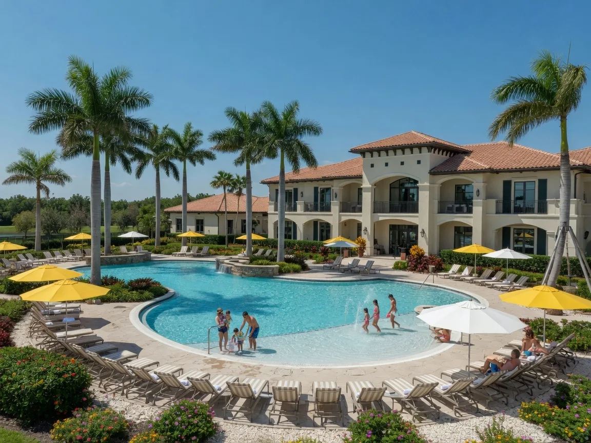 Resort-style pool and clubhouse at Lakewood Ranch, Florida with palm trees and lounge chairs
