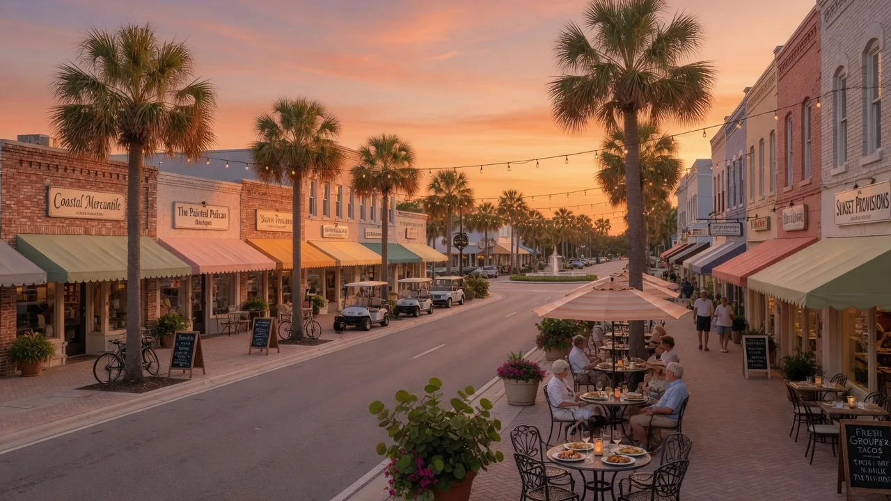 Venice, Florida historic downtown with boutique shops, palm tree-lined sidewalks, and outdoor dining