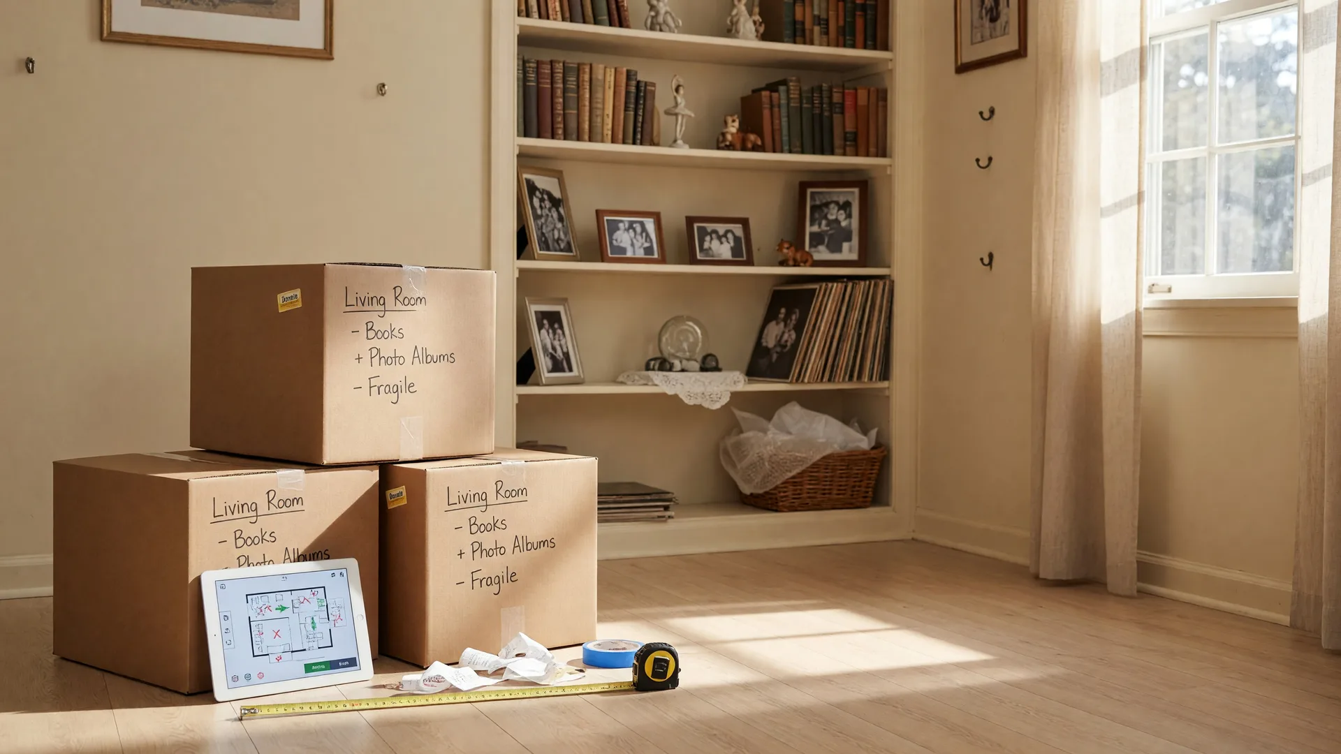 Labeled moving boxes stacked in a sunlit living room alongside a floor plan on a tablet and partially cleared shelves, showing the organized process of downsizing a home