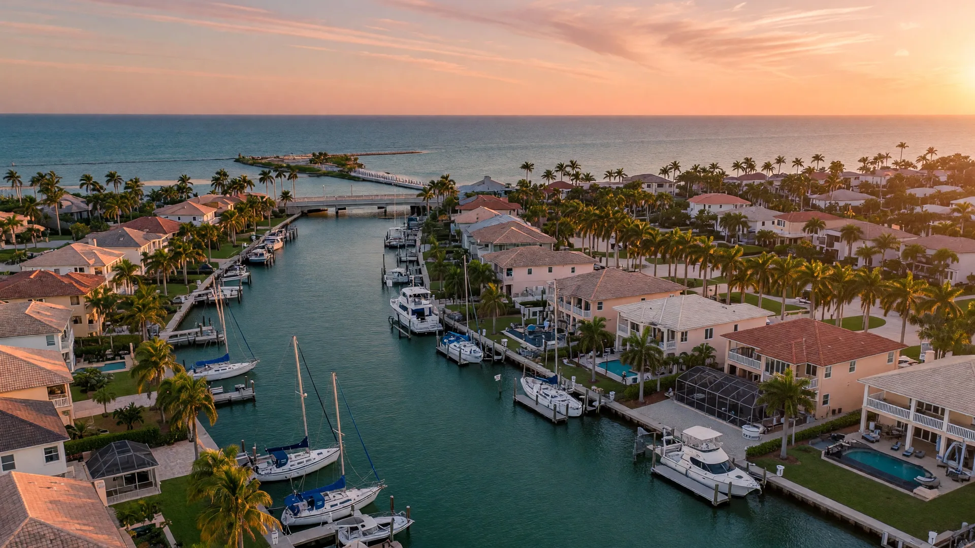 Aerial view of waterfront homes along the Intracoastal Waterway in Sarasota with sailboats docked behind luxury properties