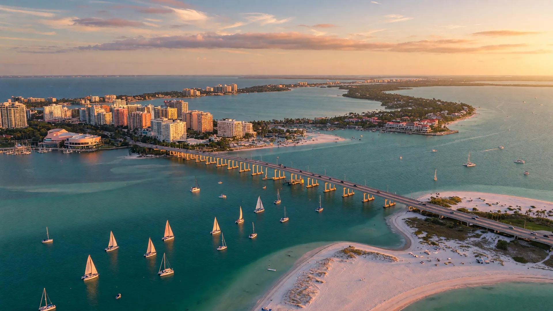 Aerial view of Sarasota Bay and Gulf Coast at golden hour