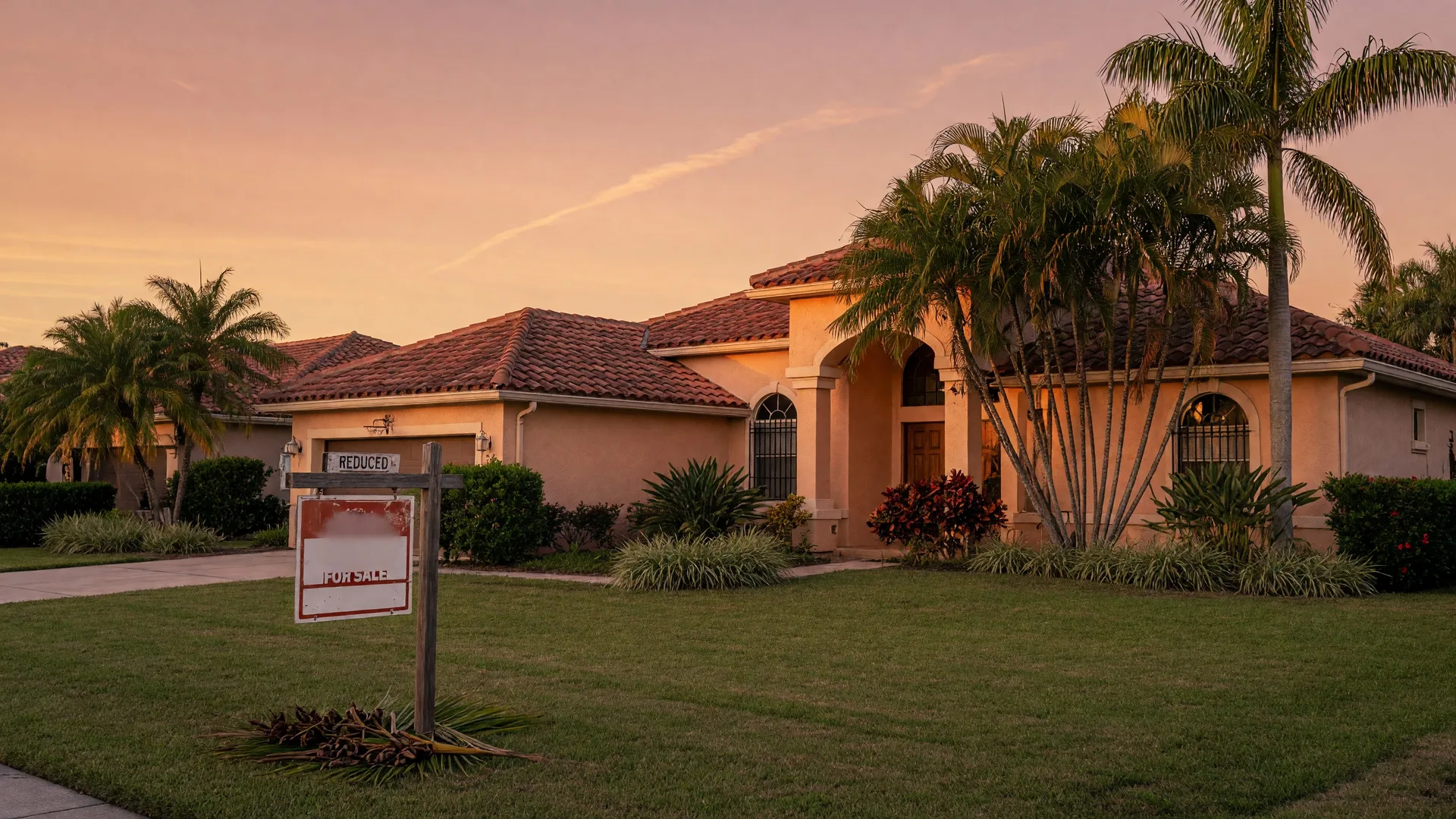 A Florida home with a For Sale sign in the front yard during golden hour, with terracotta roof, stucco walls, and tropical landscaping