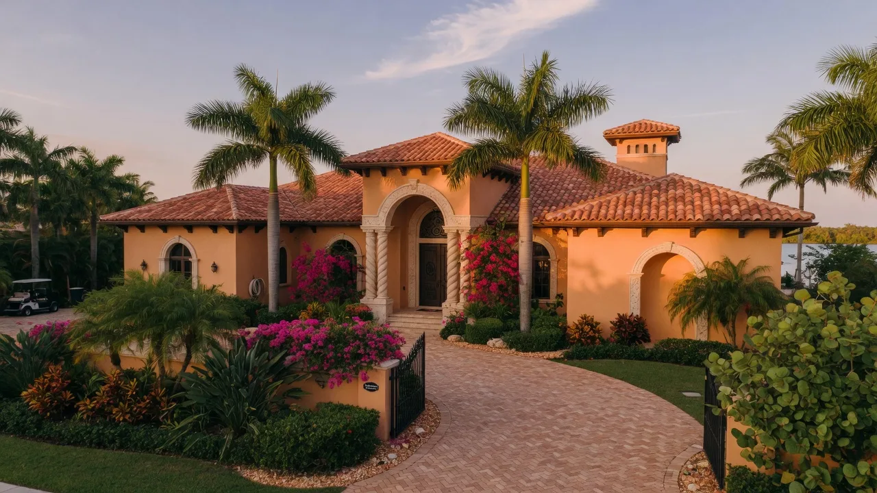 An elegant coastal Florida home in Sarasota with Mediterranean architecture, tropical landscaping, and warm golden-hour light