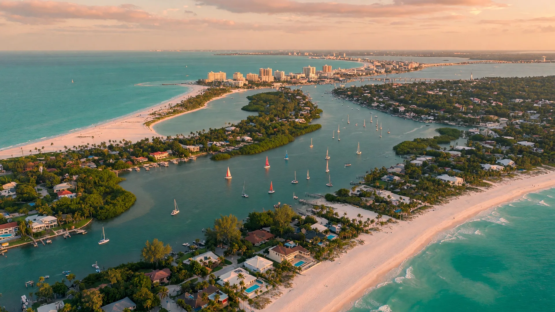 An aerial view of Sarasota, Florida's coastline showing barrier islands, turquoise Gulf waters, and the mainland skyline