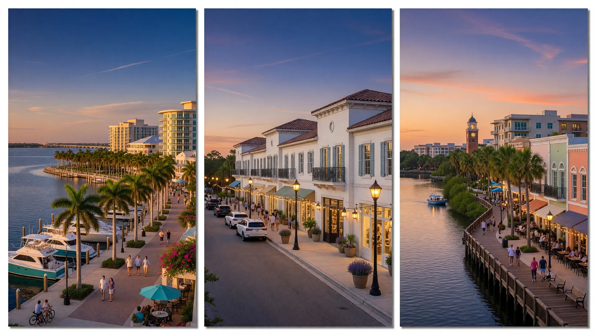 Three vibrant downtown districts in Southwest Florida at golden hour — Sarasota's bayfront marina, Lakewood Ranch Main Street, and Bradenton's Riverwalk