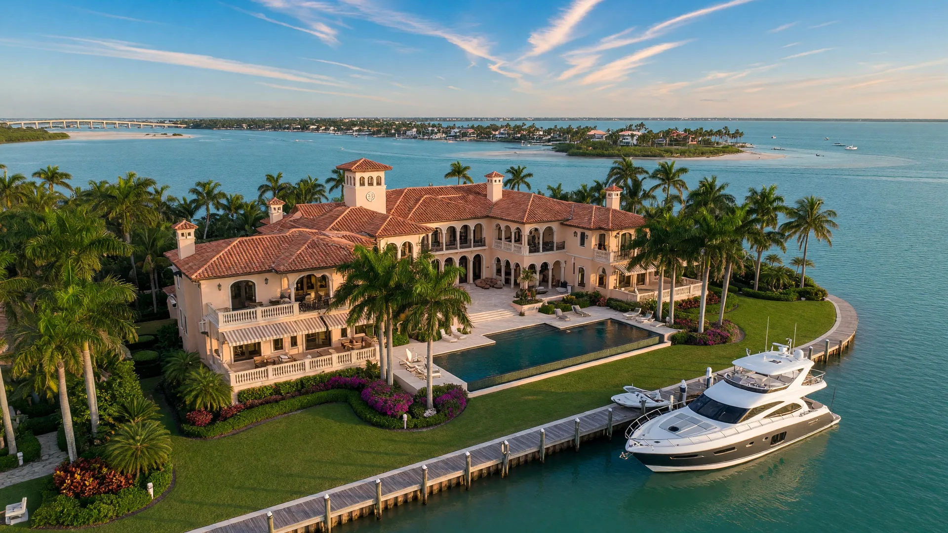 An aerial view of a luxury waterfront estate in Sarasota, Florida with an infinity pool, private dock, and Gulf waters in the background