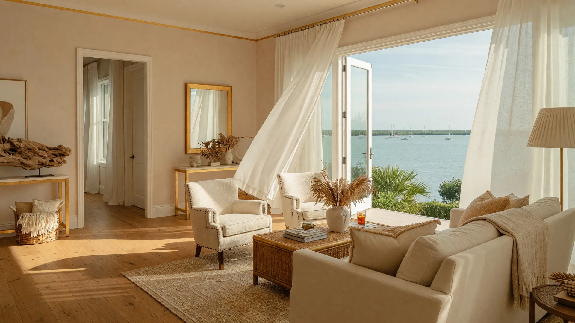 A sunlit coastal Florida living room with soft sand-tone walls, billowing white curtains, and views of Sarasota Bay through floor-to-ceiling glass