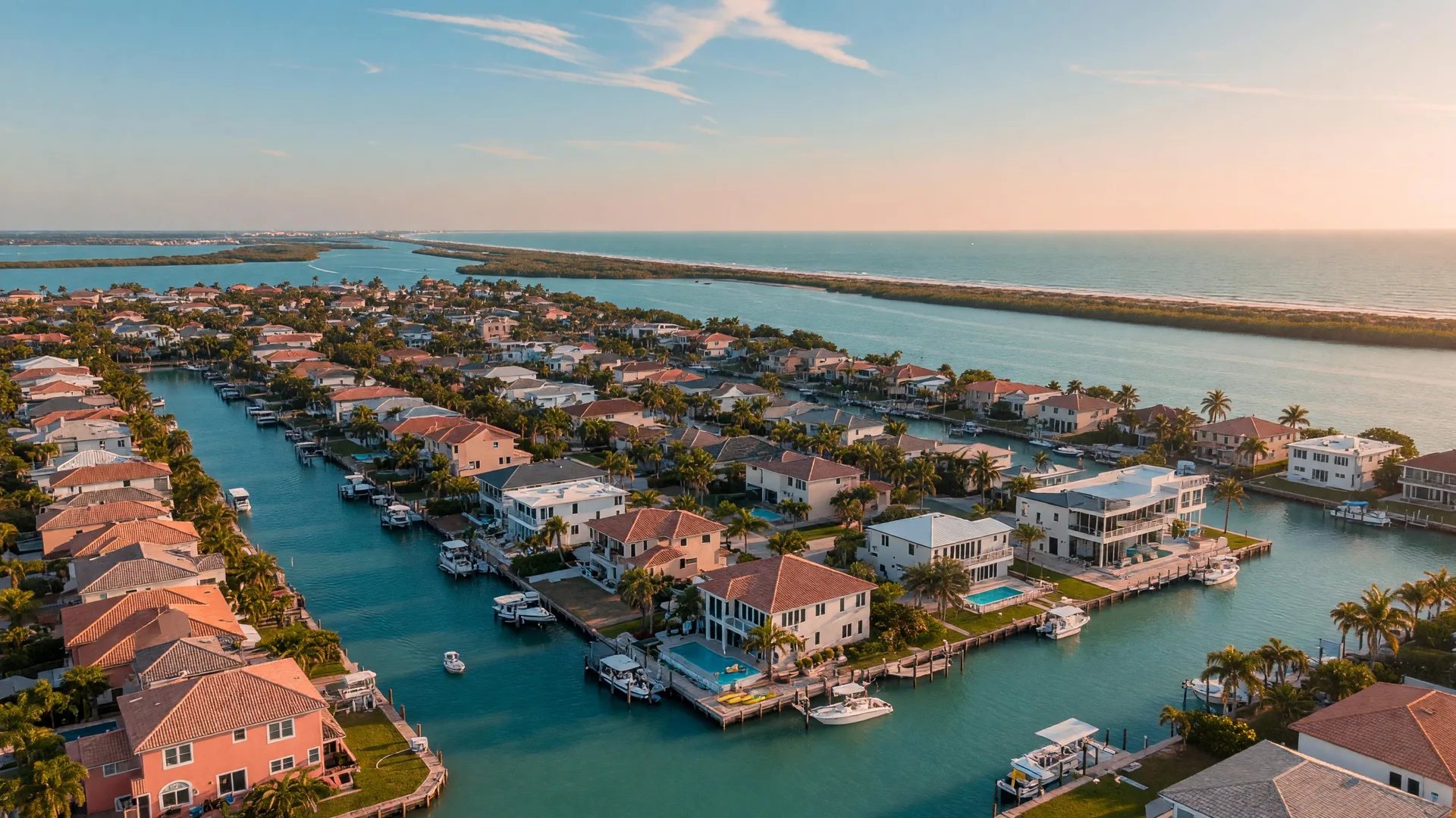 Aerial view of a sun-drenched Florida coastal neighborhood with homes along intersecting canals and waterways, docks with small boats, and the Intracoastal Waterway in the background under a clear blue sky