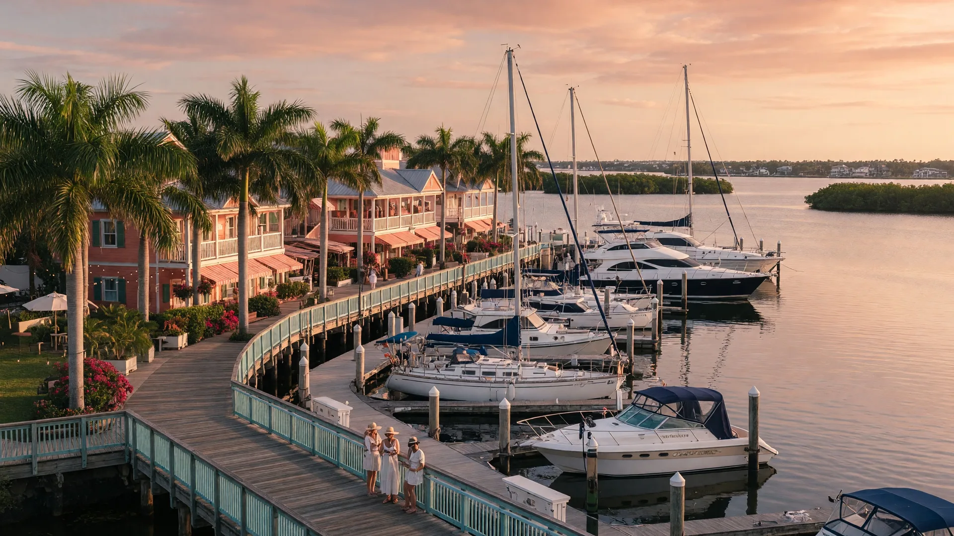 Punta Gorda Harborwalk and Fishermen's Village marina along Charlotte Harbor at golden hour