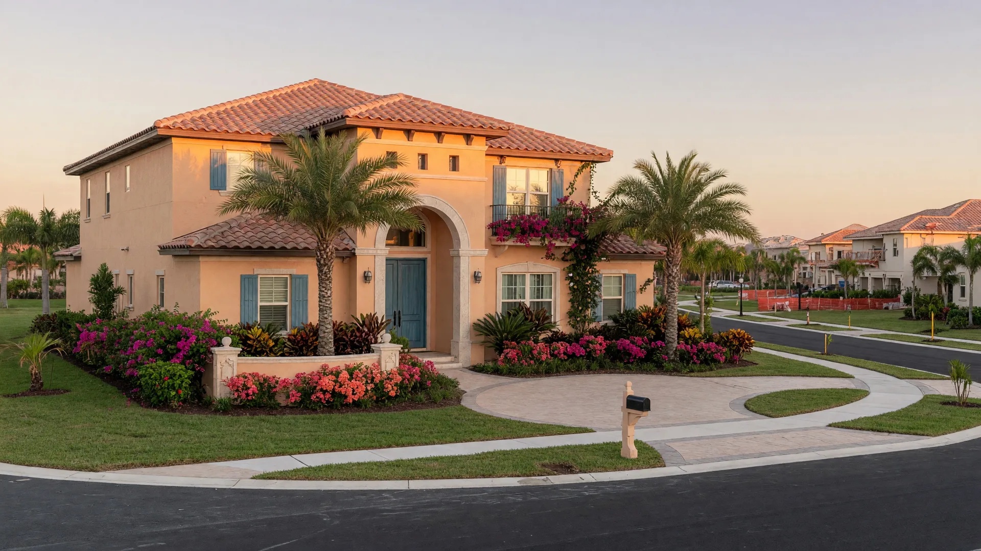 A modern new construction model home in a Florida master-planned community with Mediterranean-inspired architecture and tropical landscaping