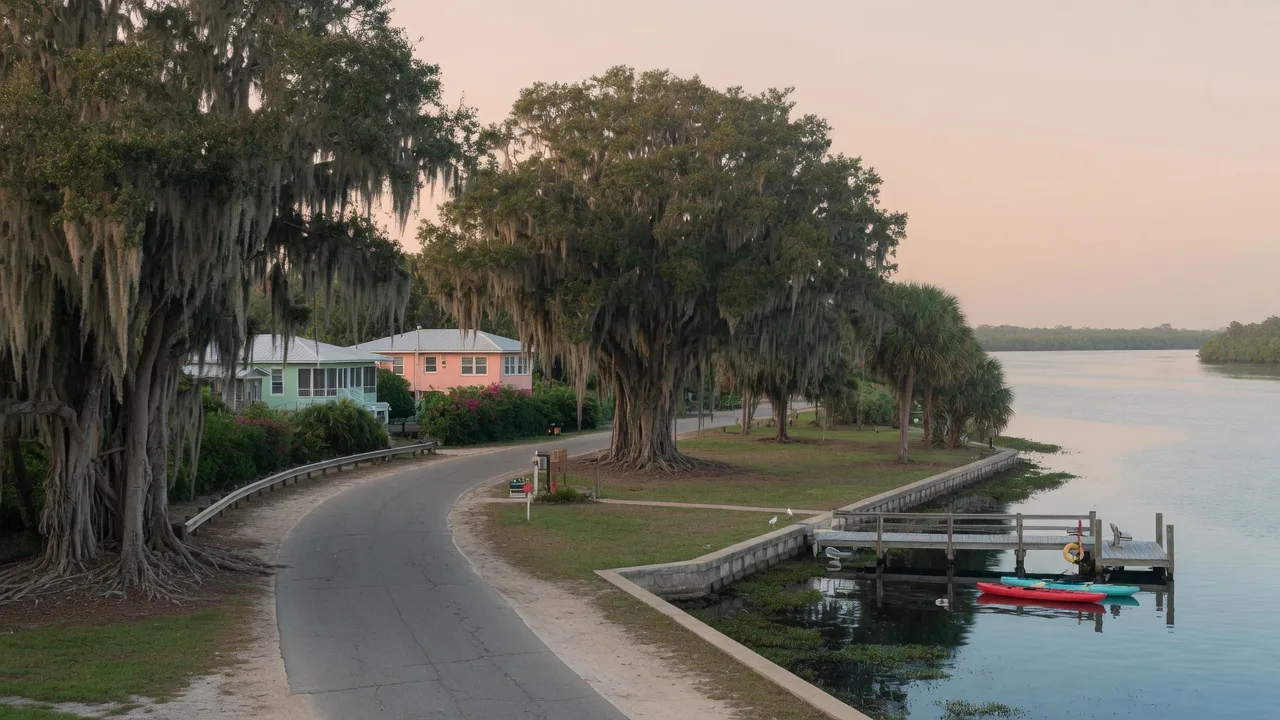Quiet Old Florida waterfront scene in Nokomis with mature trees and calm water