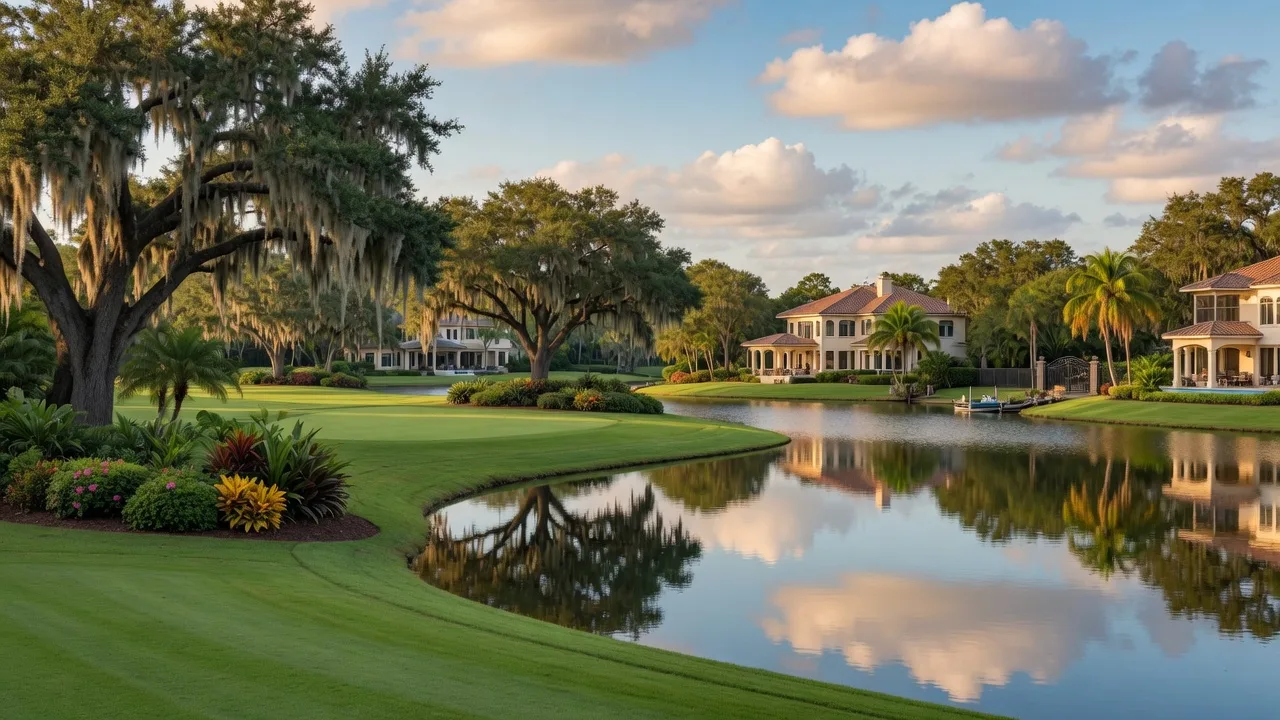 Upscale golf community in Osprey with fairway, live oaks, and luxury homes