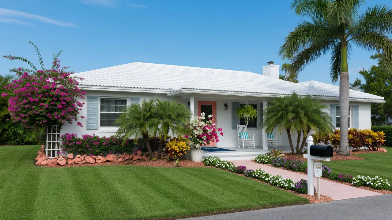 A pristine Sarasota home exterior staged for sale with tropical landscaping