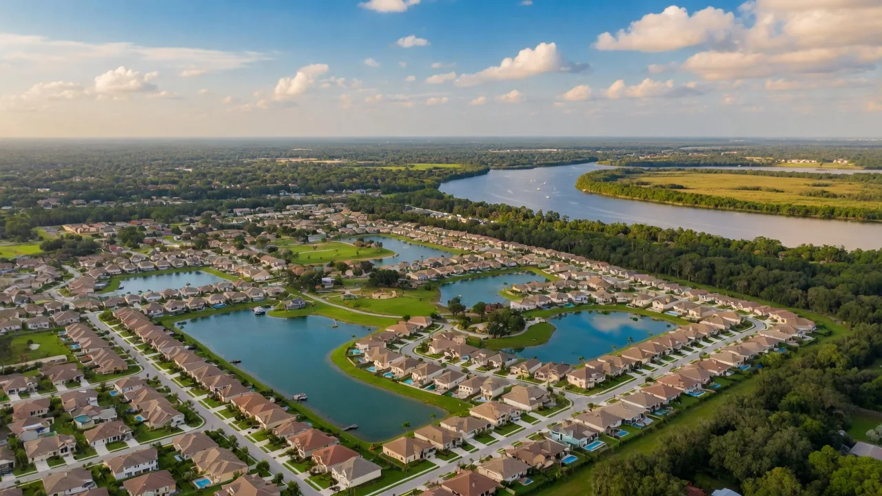 Aerial view of Parrish Florida showing residential communities with lakes and green spaces near the Manatee River