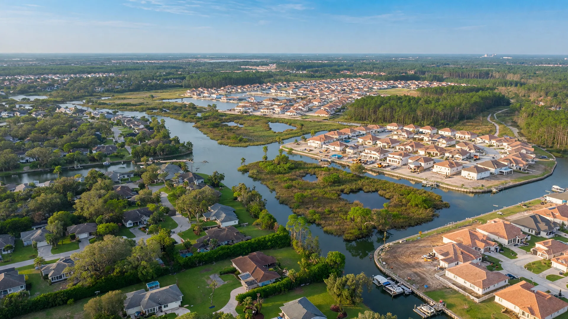 An aerial view of North Port, Florida showing suburban neighborhoods with canals, pine preserves, and new construction communities under clear blue skies