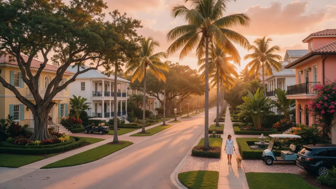 A beautiful coastal Florida neighborhood at golden hour with elegant homes and tropical landscaping