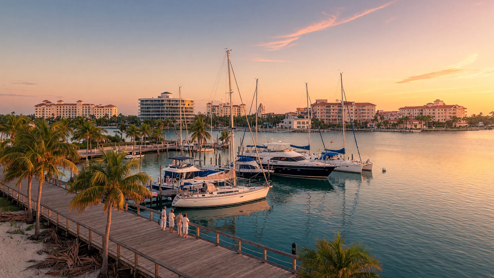 The Sarasota waterfront marina at golden hour with sailboats and the bayfront skyline